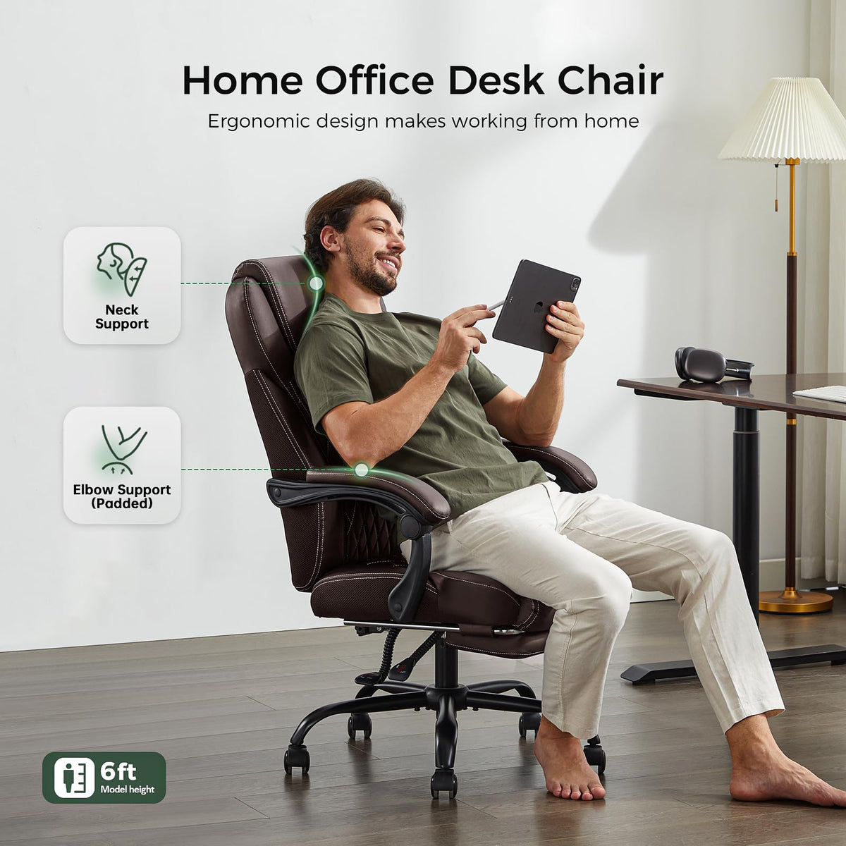 Big and Tall Office Chair with Footrest, Lumbar Support, Brown R444297