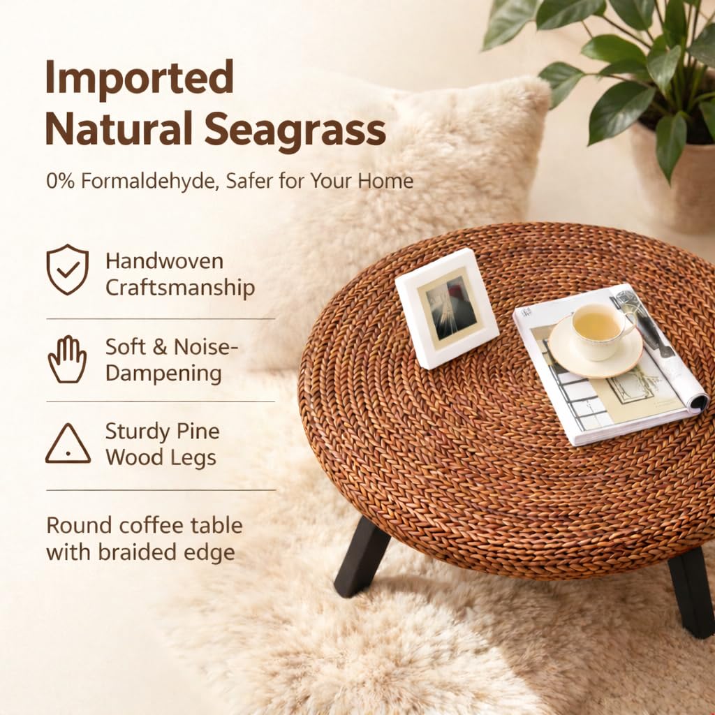 32 Inch Round Handwoven Seagrass Coffee Table with Pine Wood X Base D188949