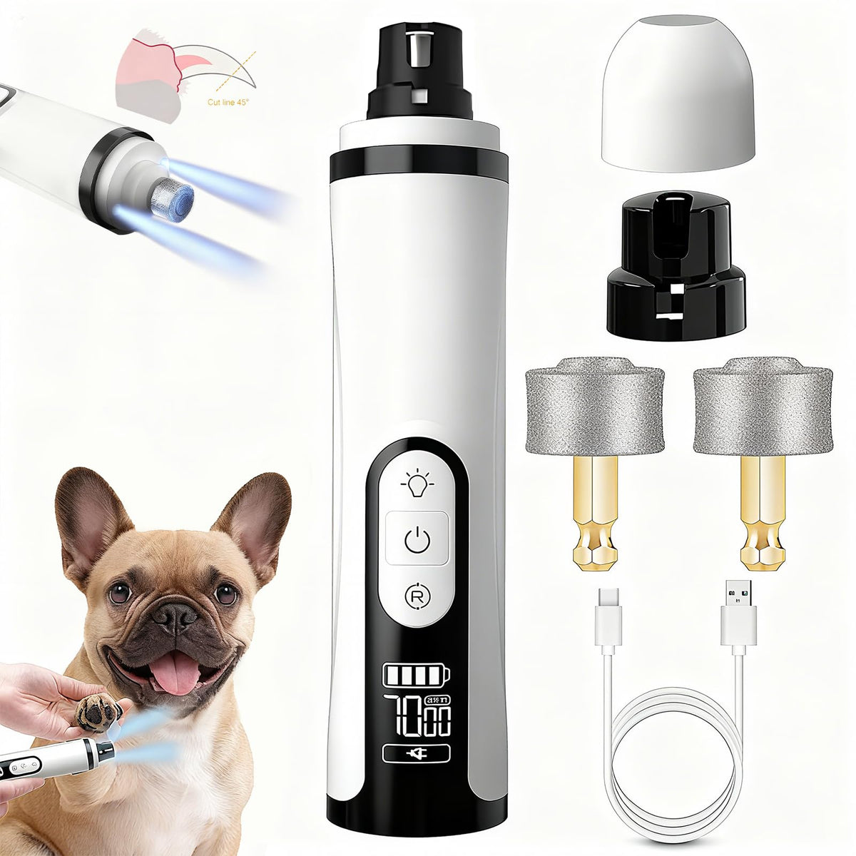 Quiet Dog Nail Grinder with 2 LED Light & 3-Speed D601