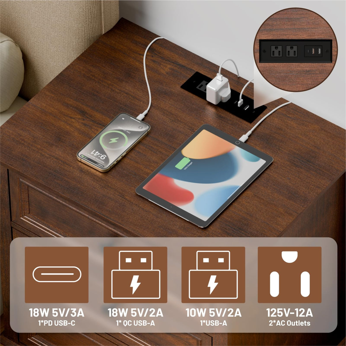 Cherry 3 Drawer Wood Nightstand with Charging Station Y665