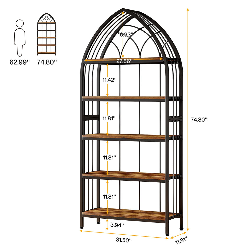 5-Tier 74.8-Inch Tall Curved Wood Bookshelf with Metal Frame F6481