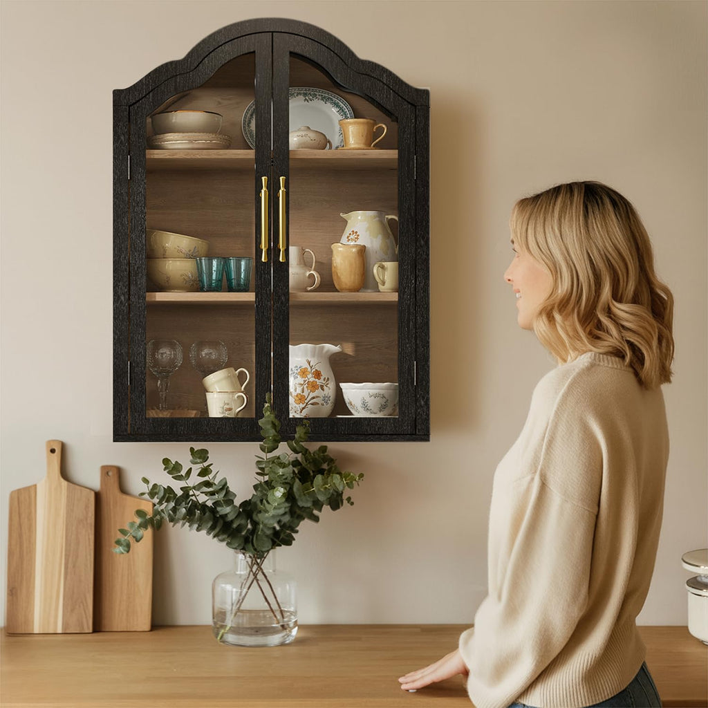Black 31.5×23.6 Inch Wall Mounted Cabinet with Tempered Glass Doors V255158