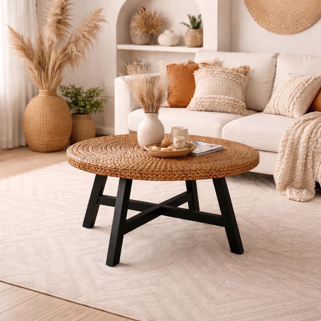 32 Inch Round Handwoven Seagrass Coffee Table with Pine Wood X Base D188949
