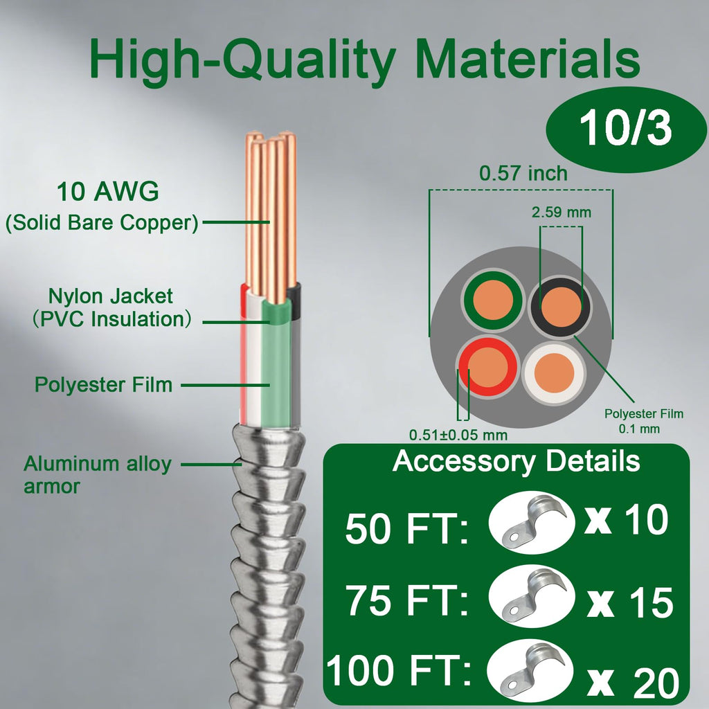 10 AWG Metal Clad Cable with Ground 50FT J56819