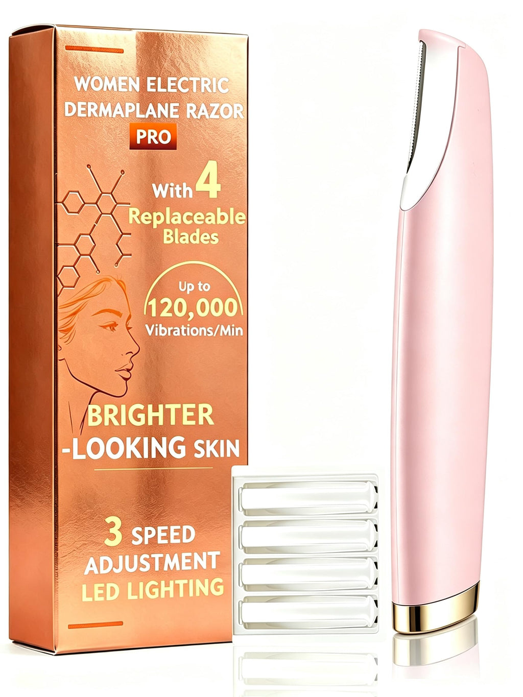 Pink Dermaplane Razor with LED Light and 4 Replacement Blades R7281