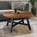 32 Inch Round Handwoven Seagrass Coffee Table with Pine Wood X Base D188949