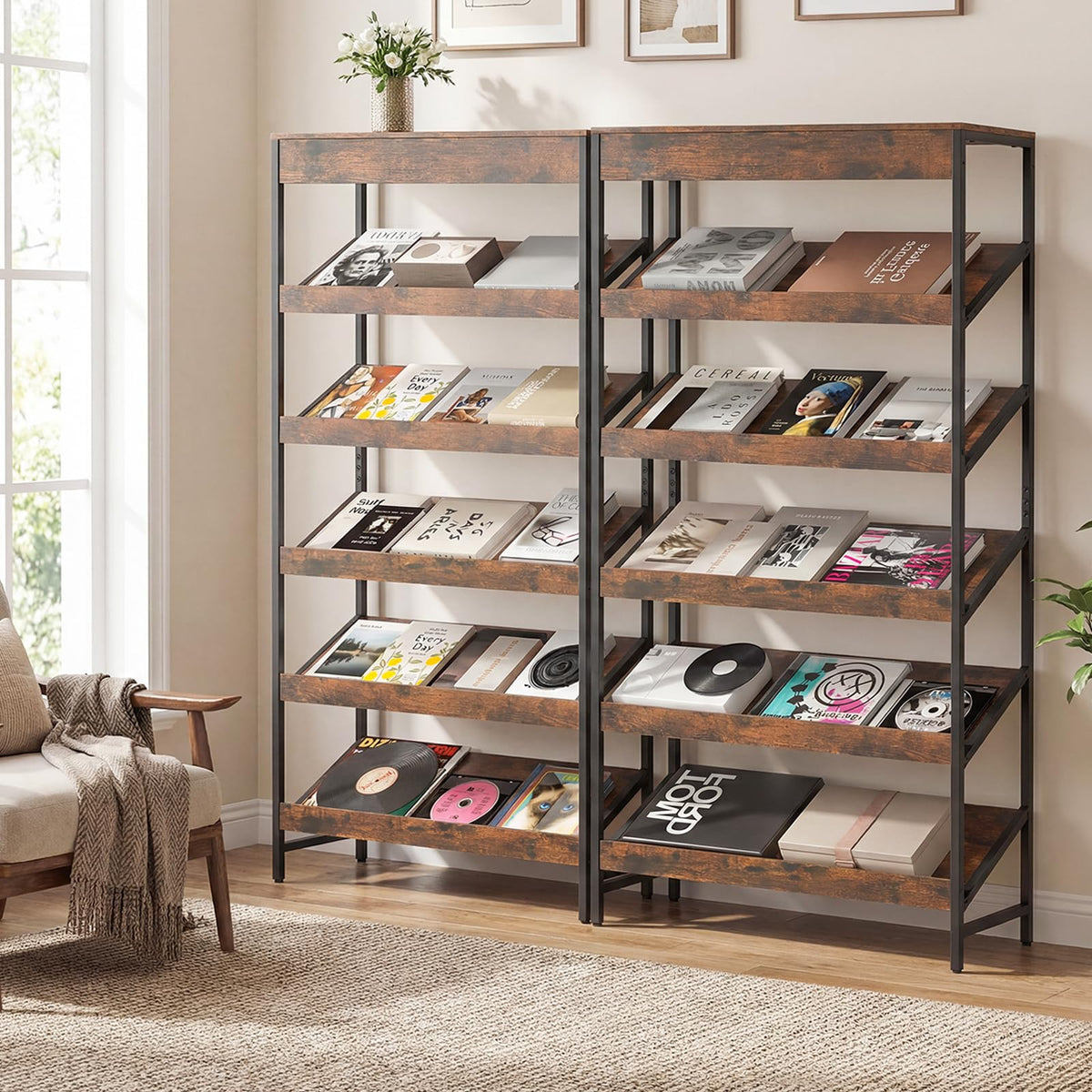 6-Tier Tall Freestanding Bookshelf with Angled Shelves H200