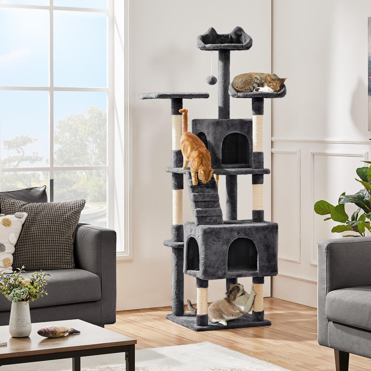 72in Dark Gray Cat Tree Tower with 2 Condos & 3 Perches A967