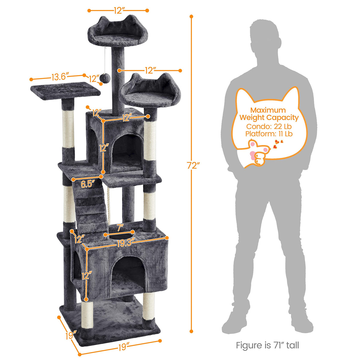 72in Dark Gray Cat Tree Tower with 2 Condos & 3 Perches A967