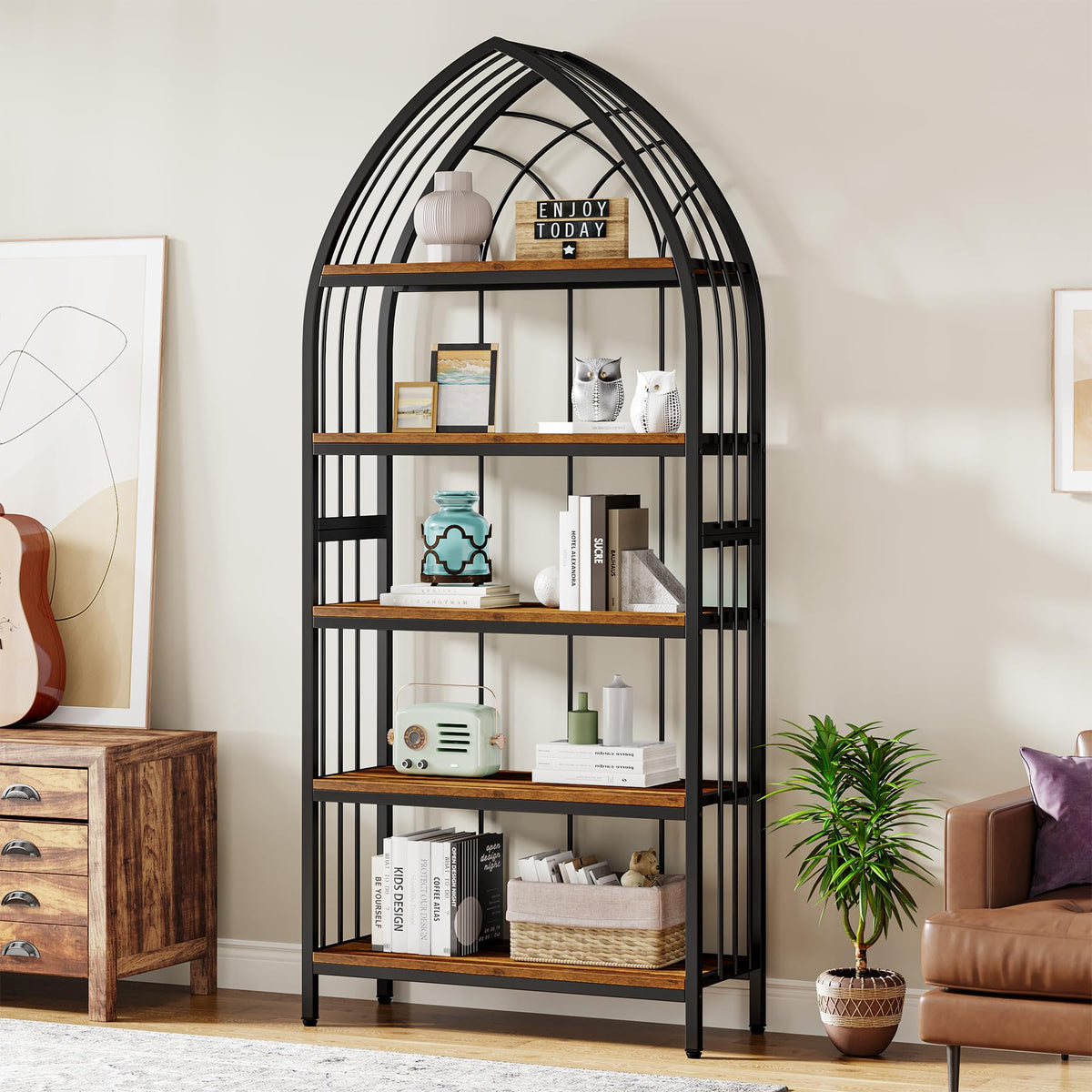 5-Tier 74.8-Inch Tall Curved Wood Bookshelf with Metal Frame F6481