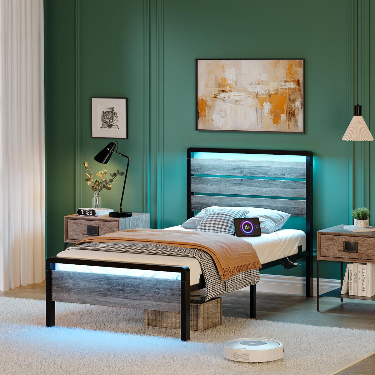 Twin Bed Frame Set of 2 with LED Headboard and USB Charging Station B76985