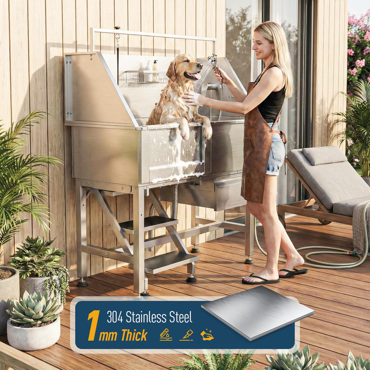 46" Stainless Steel Dog Washing Station with Removable Left Ramp & Storage Drawer G9452