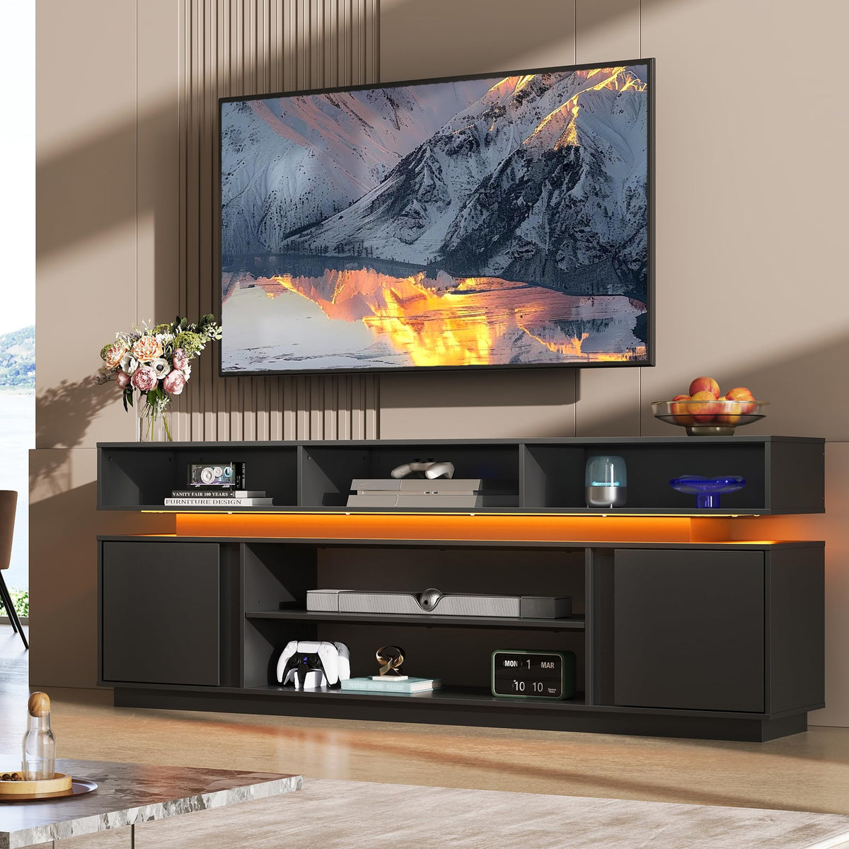 Black 2 Tier TV Stand with RGB LED Lights and Storage Cabinets V4253