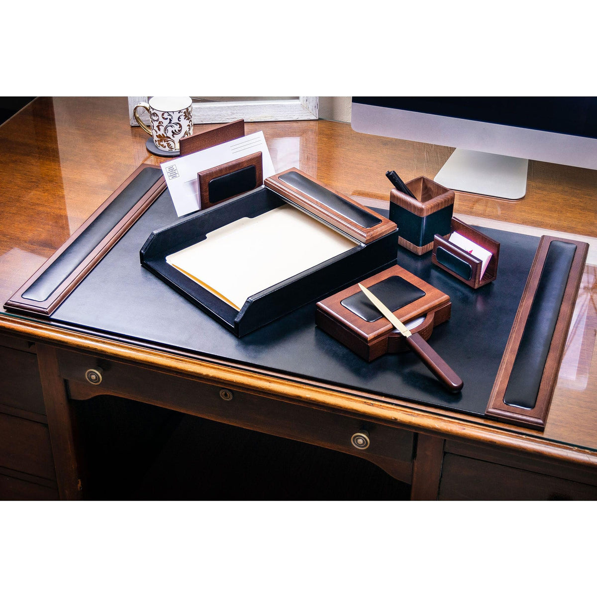7 Piece Walnut Black Leather Desk Set Y659100