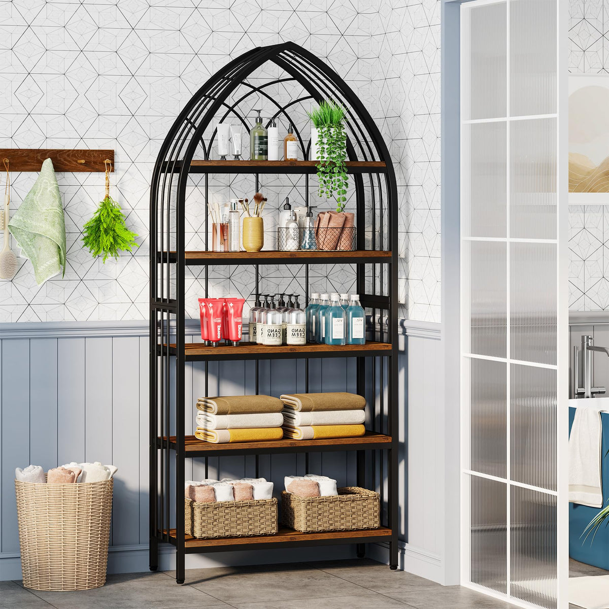 5-Tier 74.8-Inch Tall Curved Wood Bookshelf with Metal Frame F6481