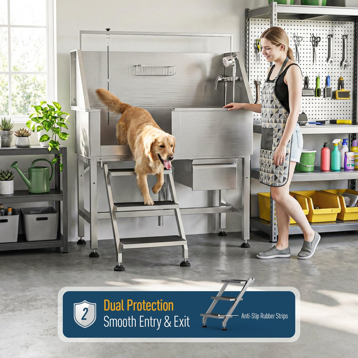46" Stainless Steel Dog Washing Station with Removable Left Ramp & Storage Drawer G9452