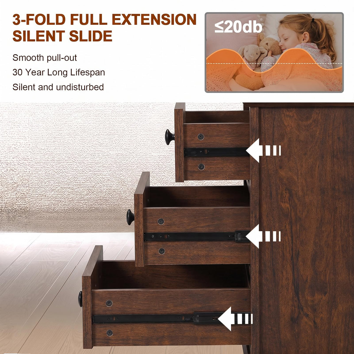 Cherry 3 Drawer Wood Nightstand with Charging Station Y665