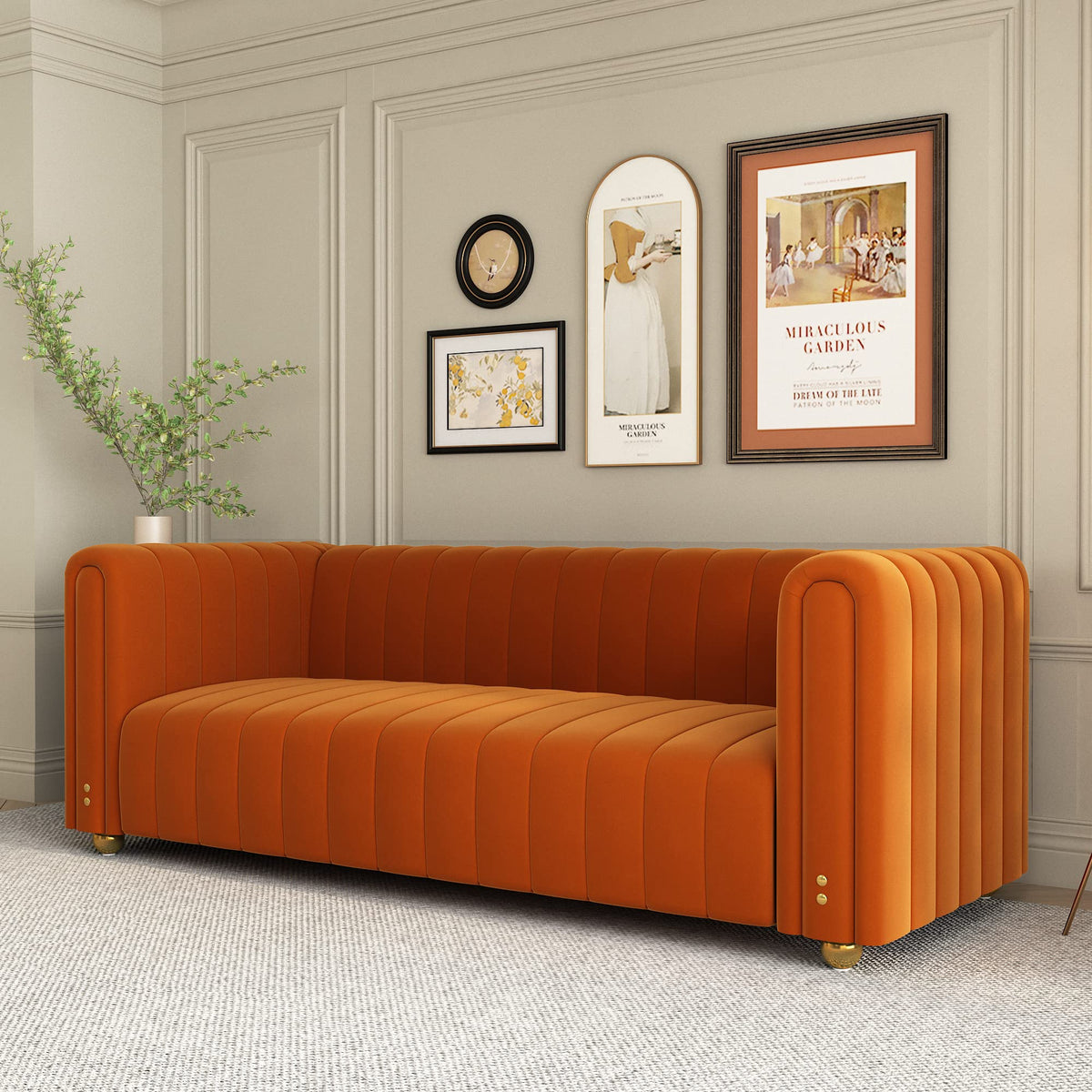 Orange Velvet 3 Seat Tufted Sofa Z63476