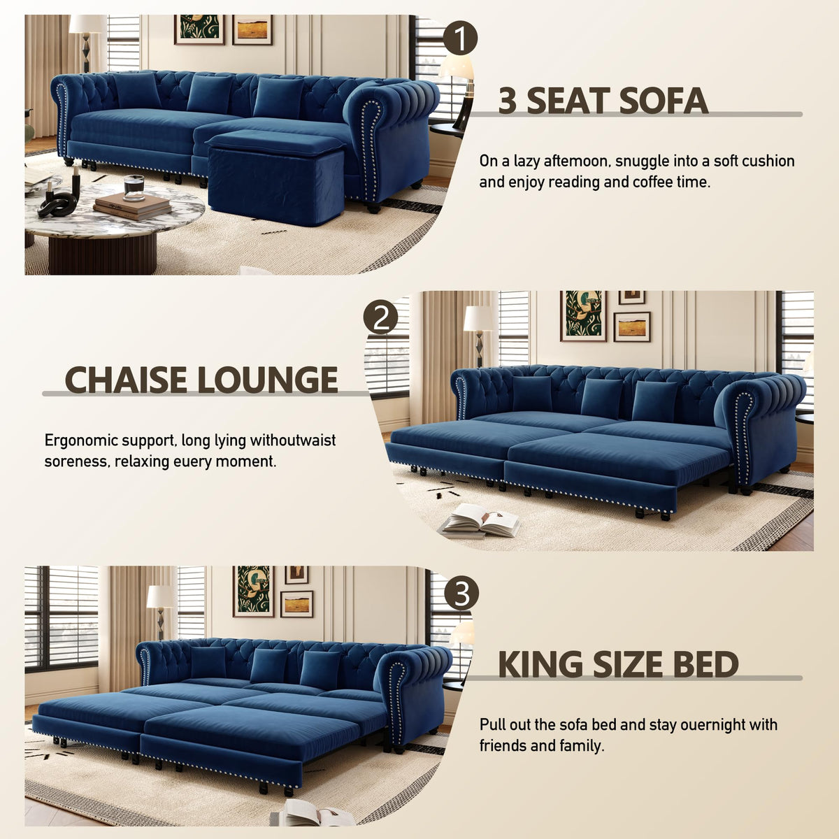 Blue Velvet Pull Out Sleeper Sofa Bed E92424