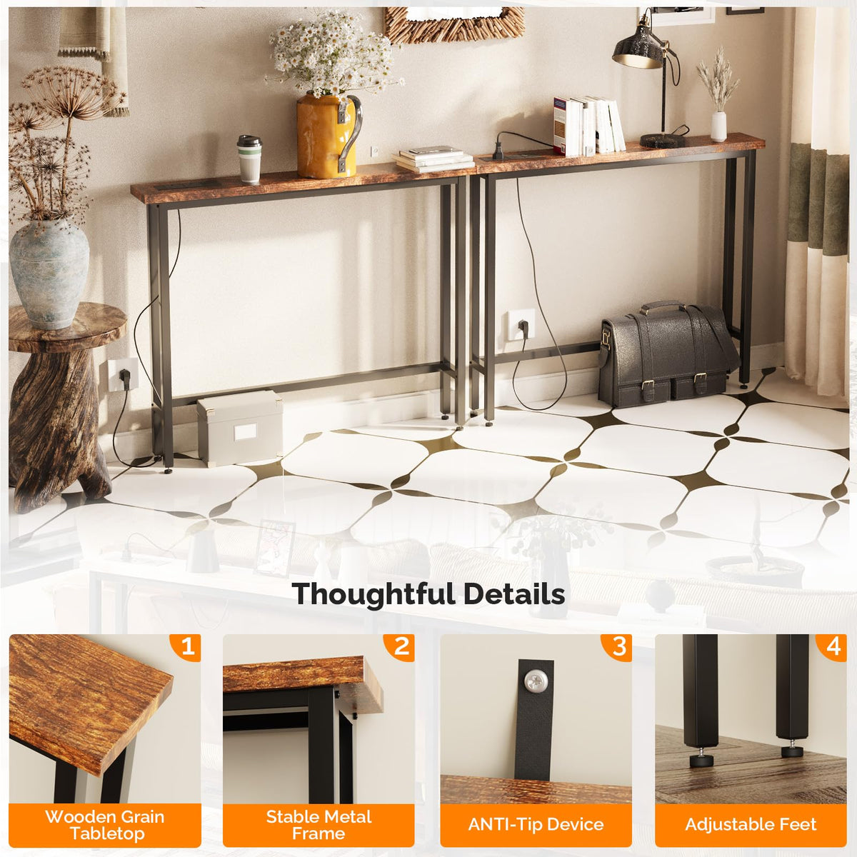 Rustic Brown Narrow Console Table with Power Outlet 2 Pack S577