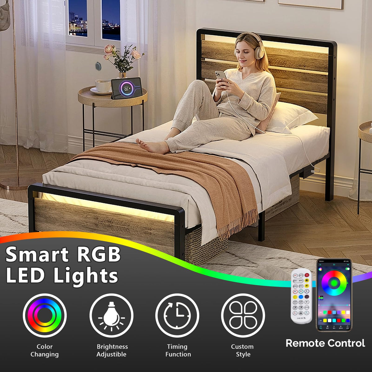 Twin Bed Frame Set of 2 with LED Headboard and USB Charging Station B76985