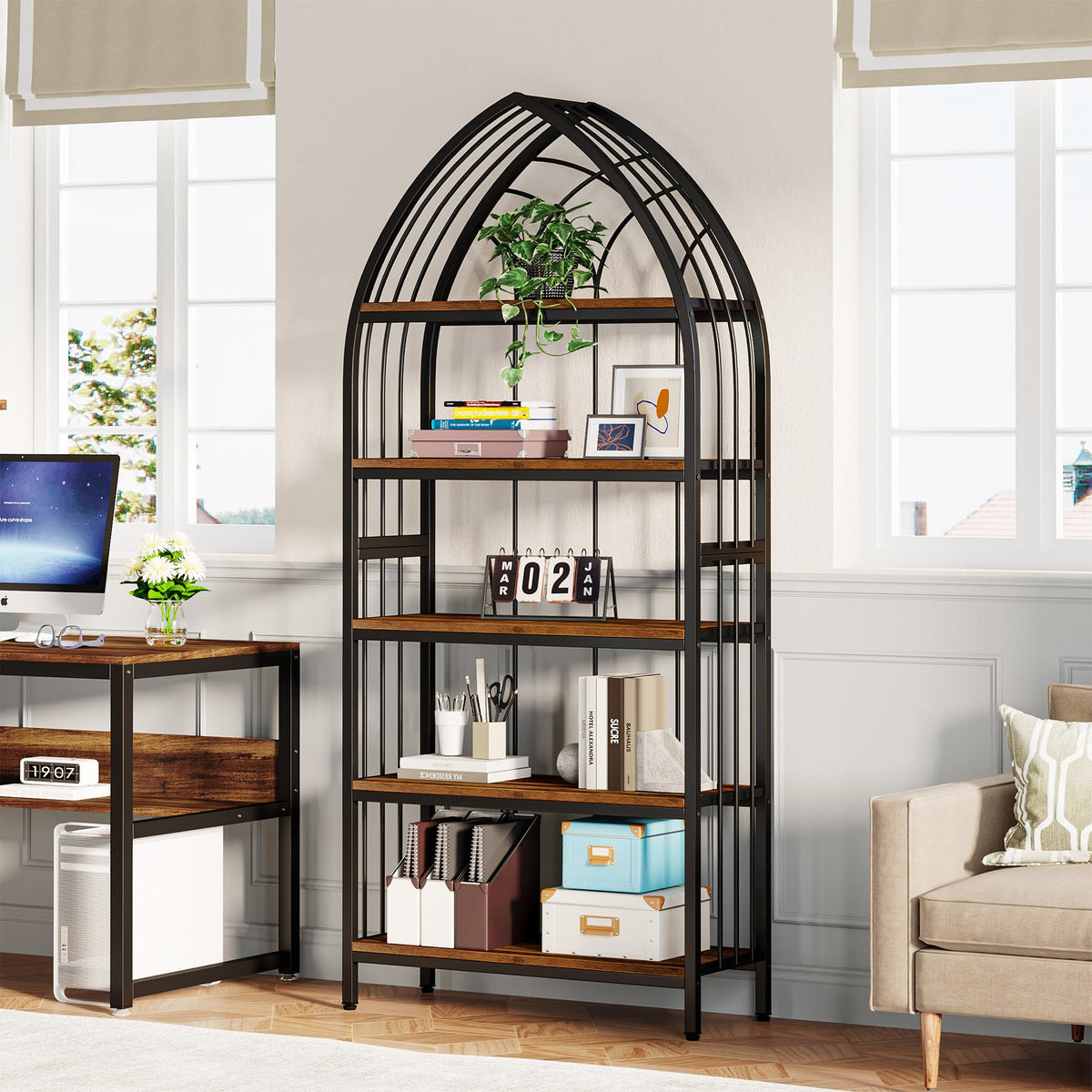 5-Tier 74.8-Inch Tall Curved Wood Bookshelf with Metal Frame F6481