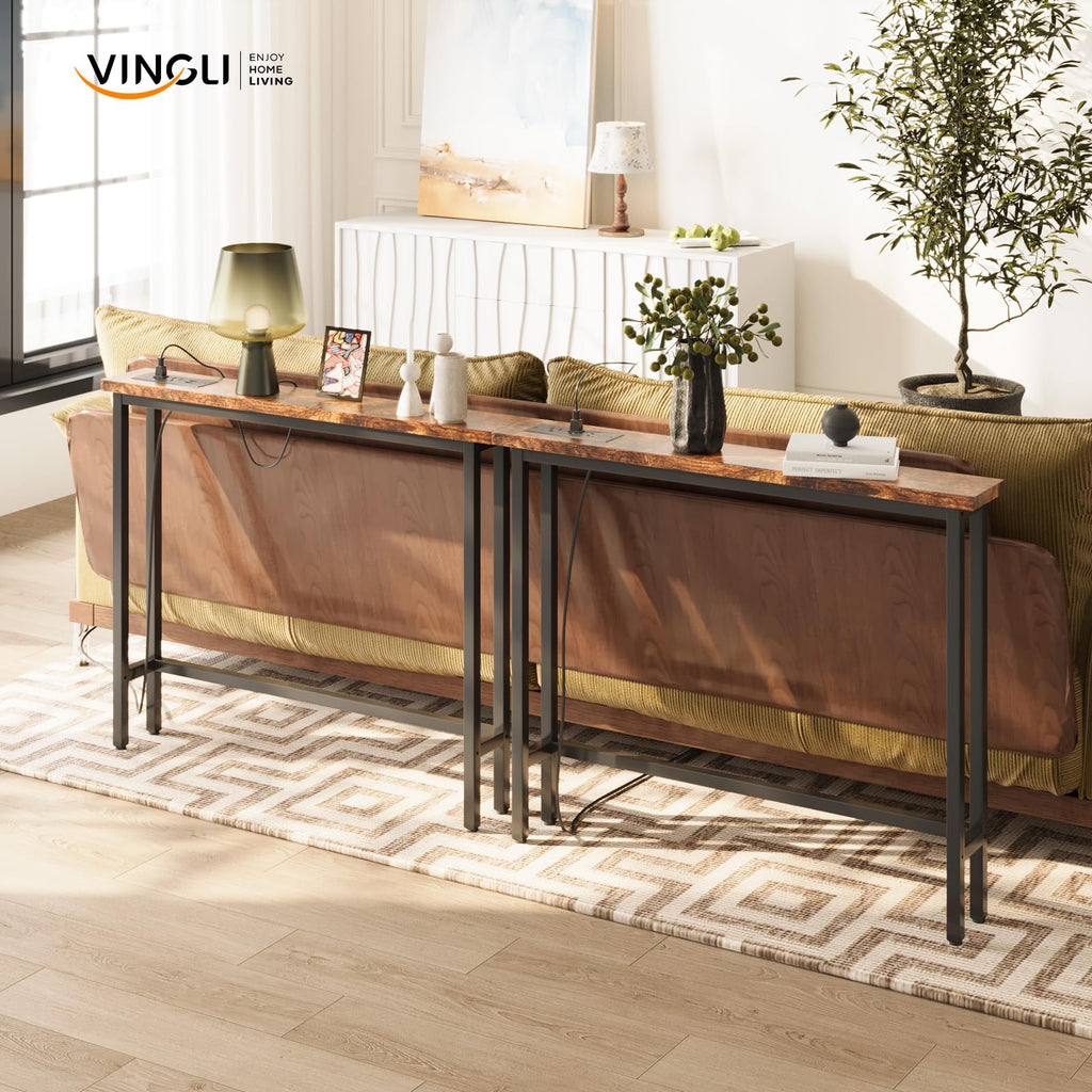 Rustic Brown Narrow Console Table with Power Outlet 2 Pack S577