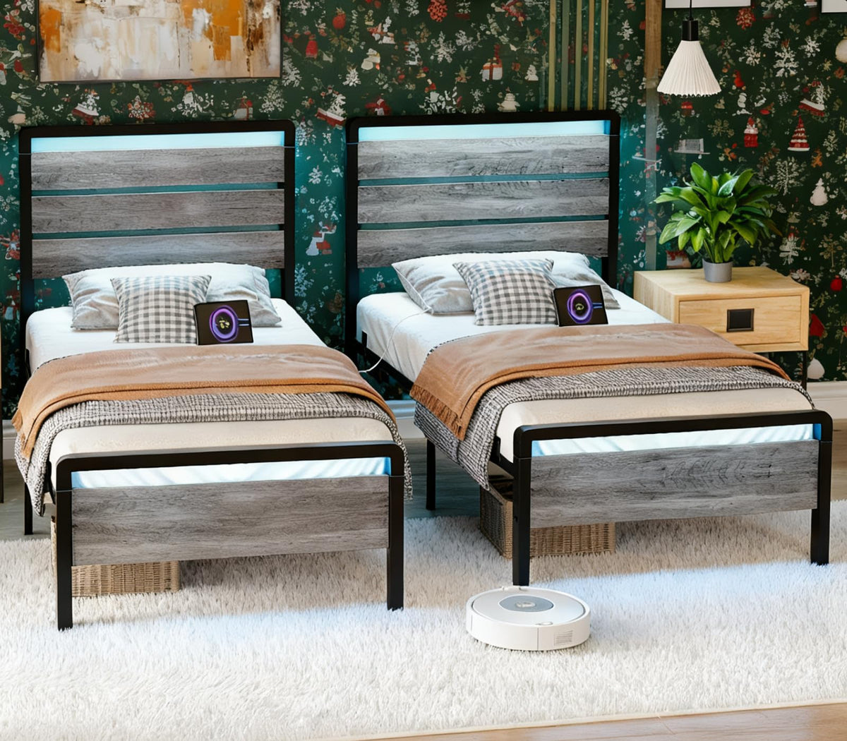 Twin Bed Frame Set of 2 with LED Headboard and USB Charging Station B76985