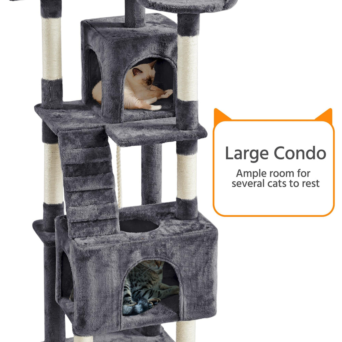 72in Dark Gray Cat Tree Tower with 2 Condos & 3 Perches A967