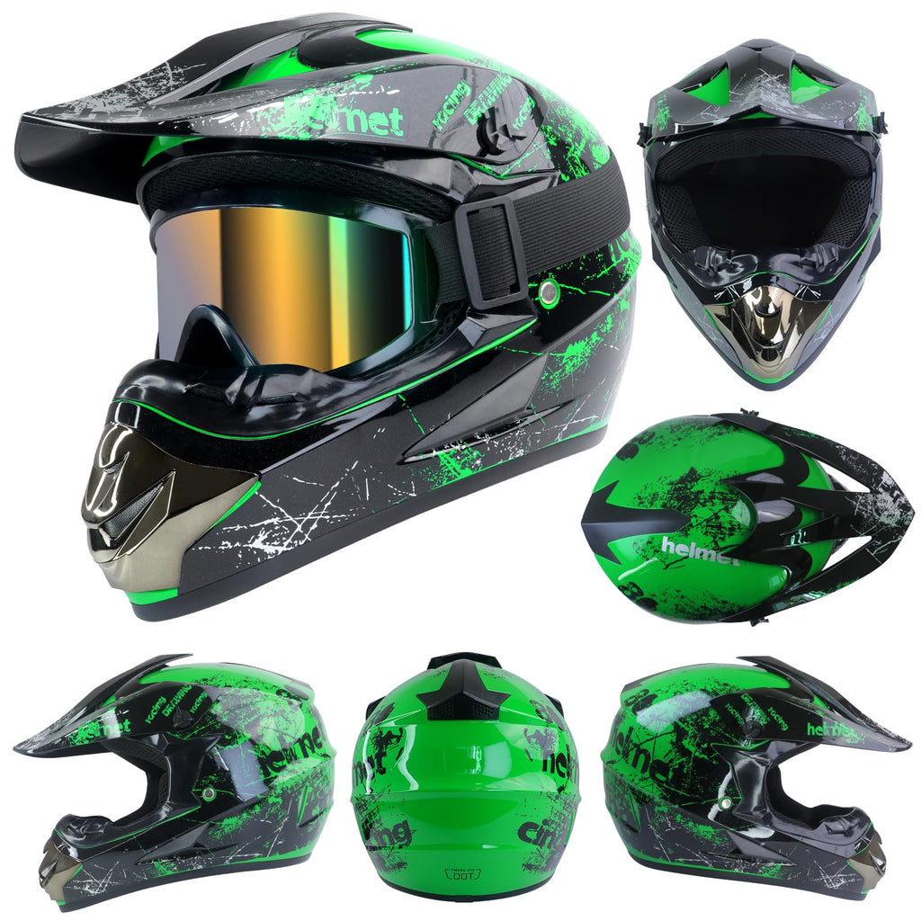 Youth Kids Full Face Dirt Bike Helmet 4Pcs Set DOT Approved Green XL B1739
