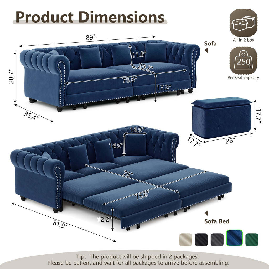 Blue Velvet Pull Out Sleeper Sofa Bed E92424