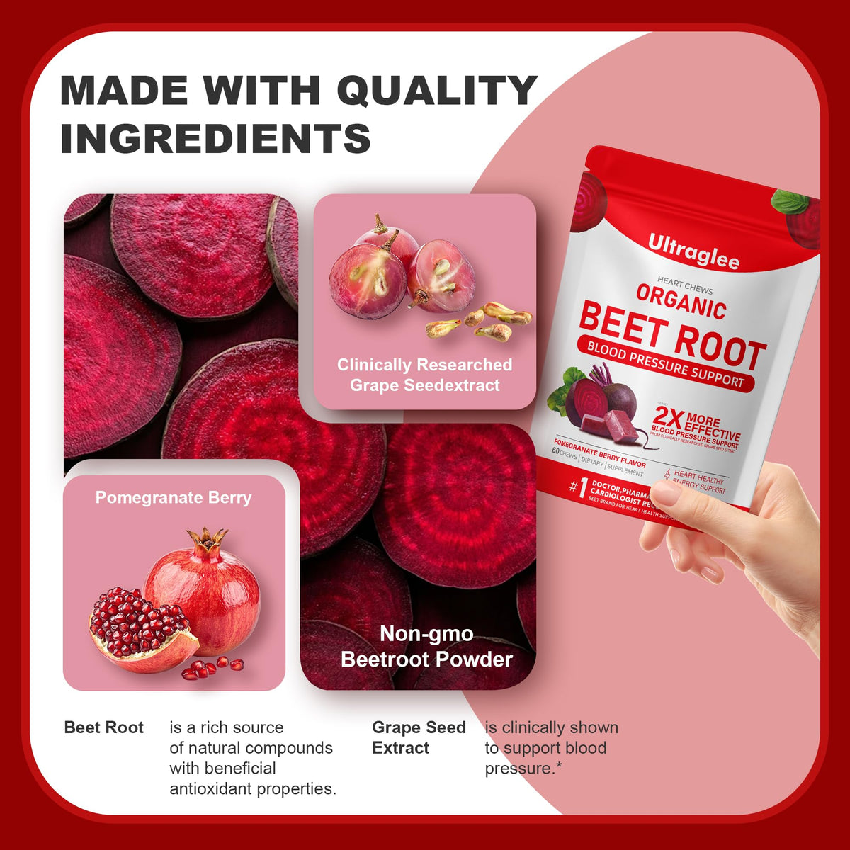 Beet Root Chewable Nitric Oxide Support Soft Chews 60 Pomegranate Berry Flavor D688