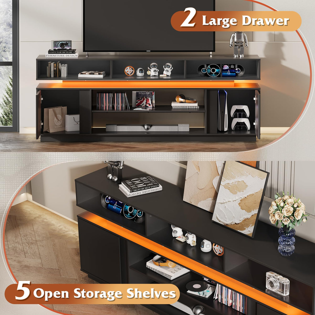 Black 2 Tier TV Stand with RGB LED Lights and Storage Cabinets V4253