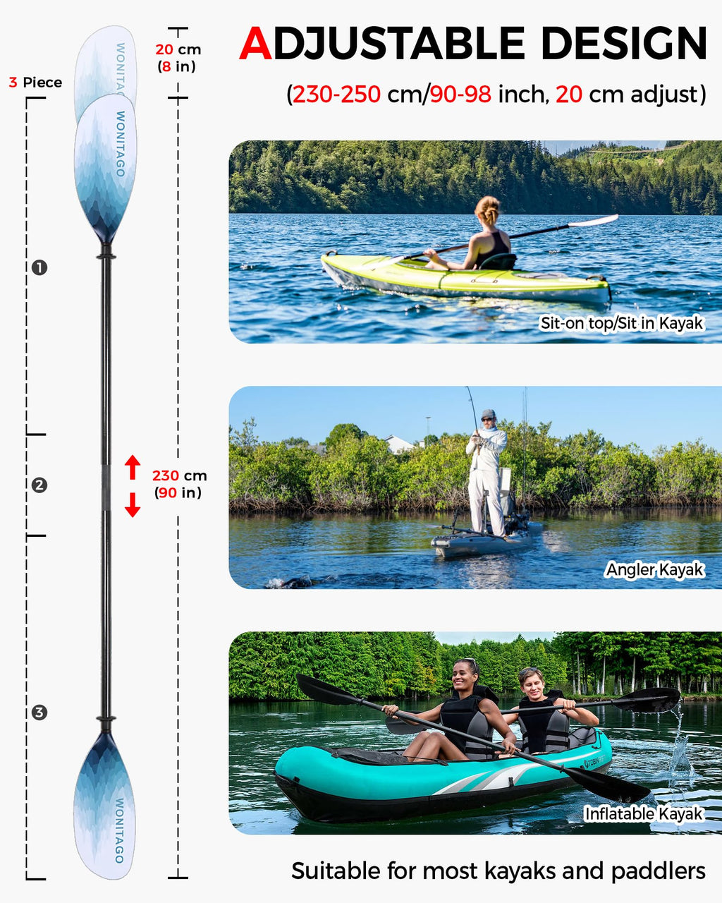Adjustable Carbon Fiber Shaft Nylon Blade Kayak Paddle O540459