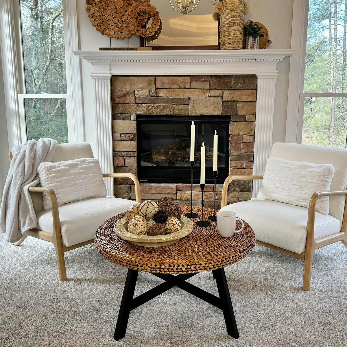 32 Inch Round Handwoven Seagrass Coffee Table with Pine Wood X Base D188949