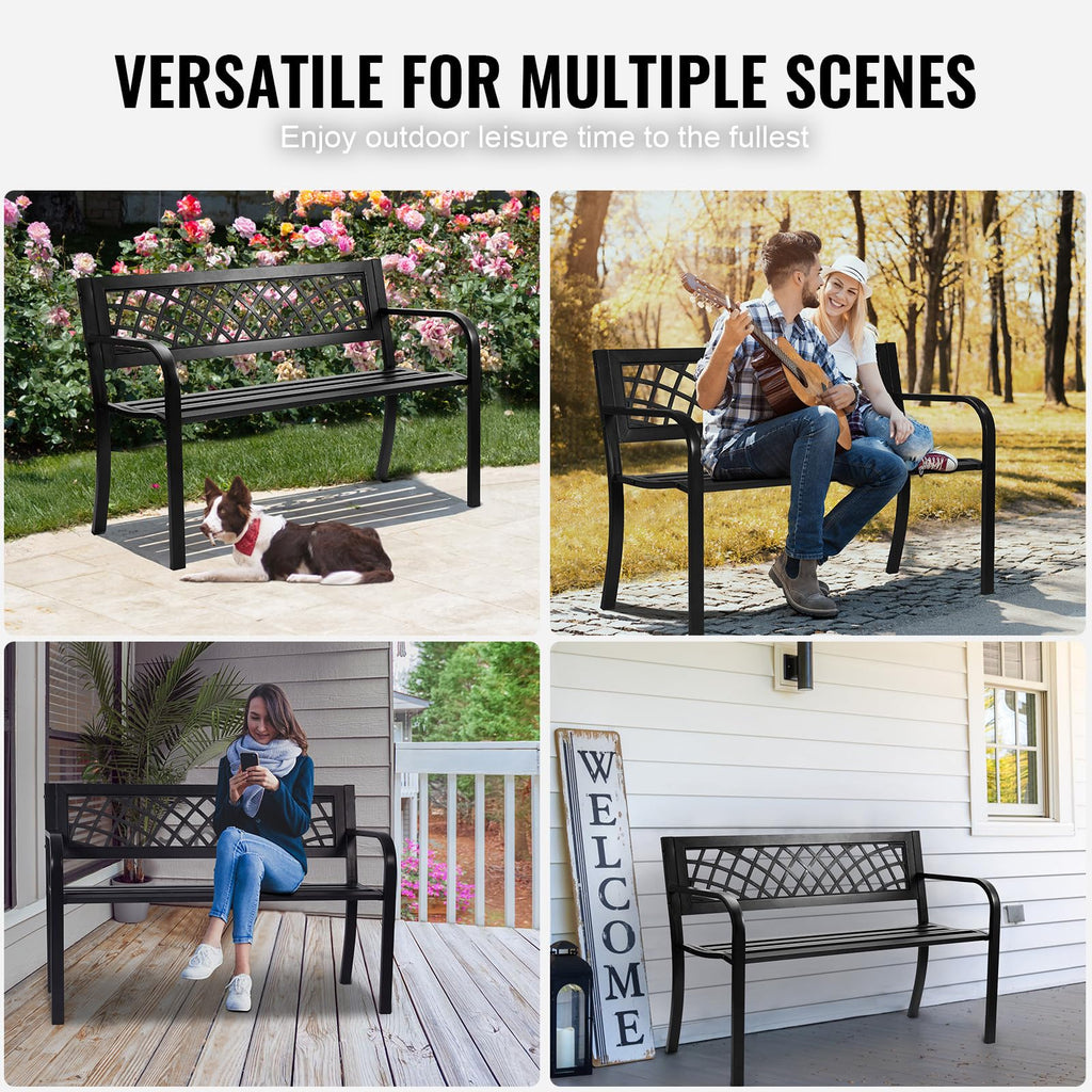 46" Iron Steel Frame Garden Bench with Mesh Pattern and Plastic Backrest E88833