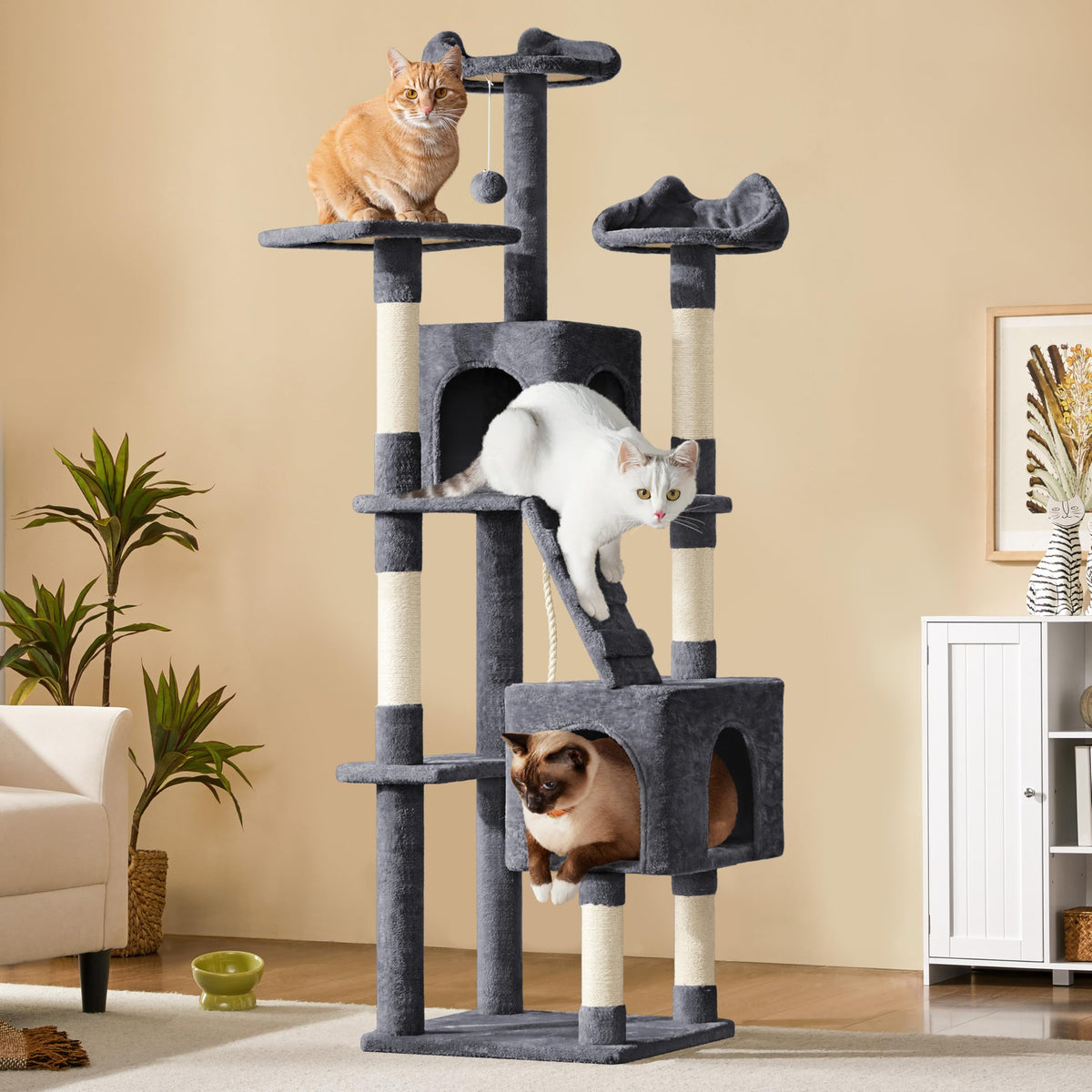72in Dark Gray Cat Tree Tower with 2 Condos & 3 Perches A967
