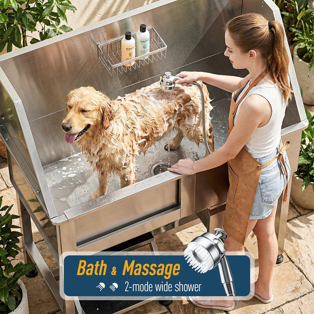 46" Stainless Steel Dog Washing Station with Removable Left Ramp & Storage Drawer G9452