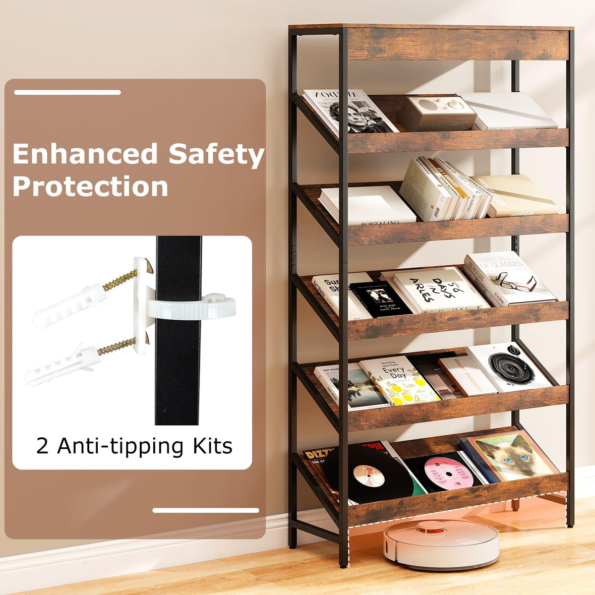 6-Tier Tall Freestanding Bookshelf with Angled Shelves H200