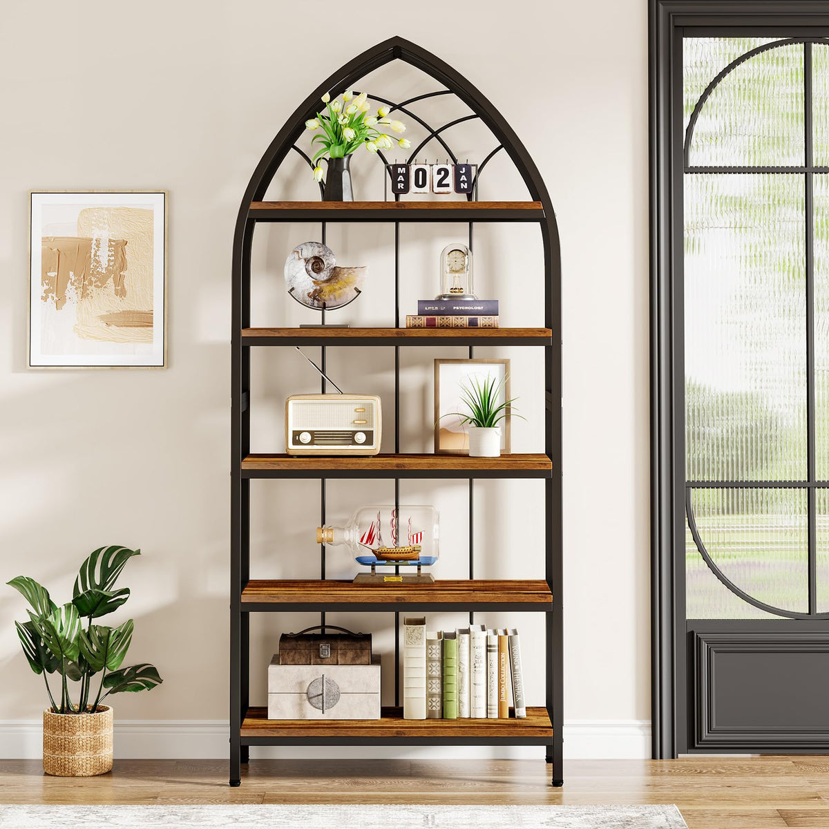5-Tier 74.8-Inch Tall Curved Wood Bookshelf with Metal Frame F6481
