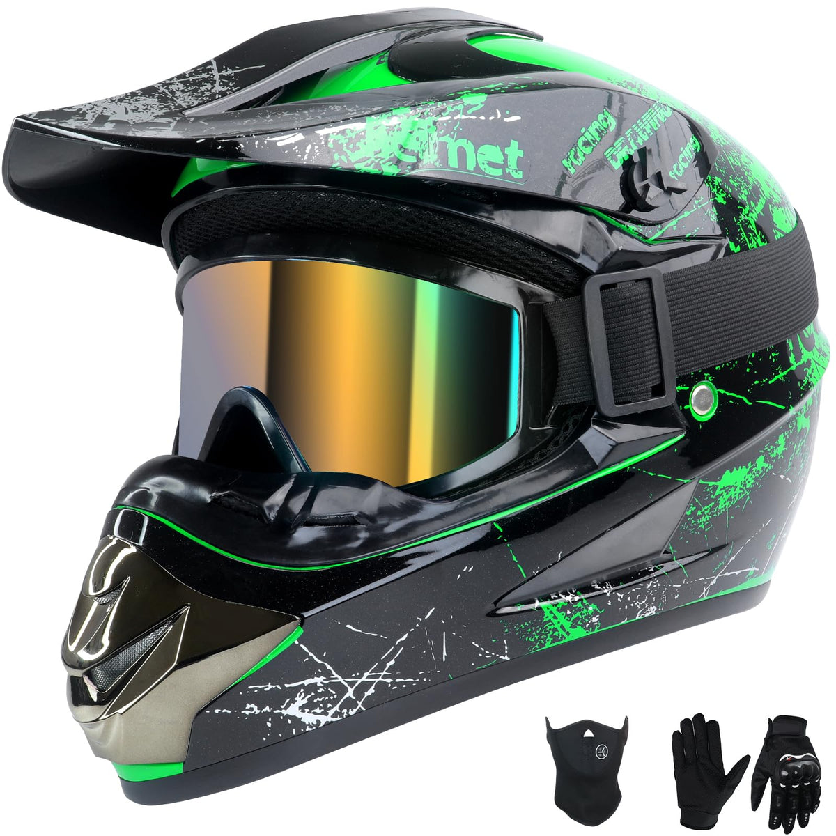 Youth Kids Full Face Dirt Bike Helmet 4Pcs Set DOT Approved Green XL B1739