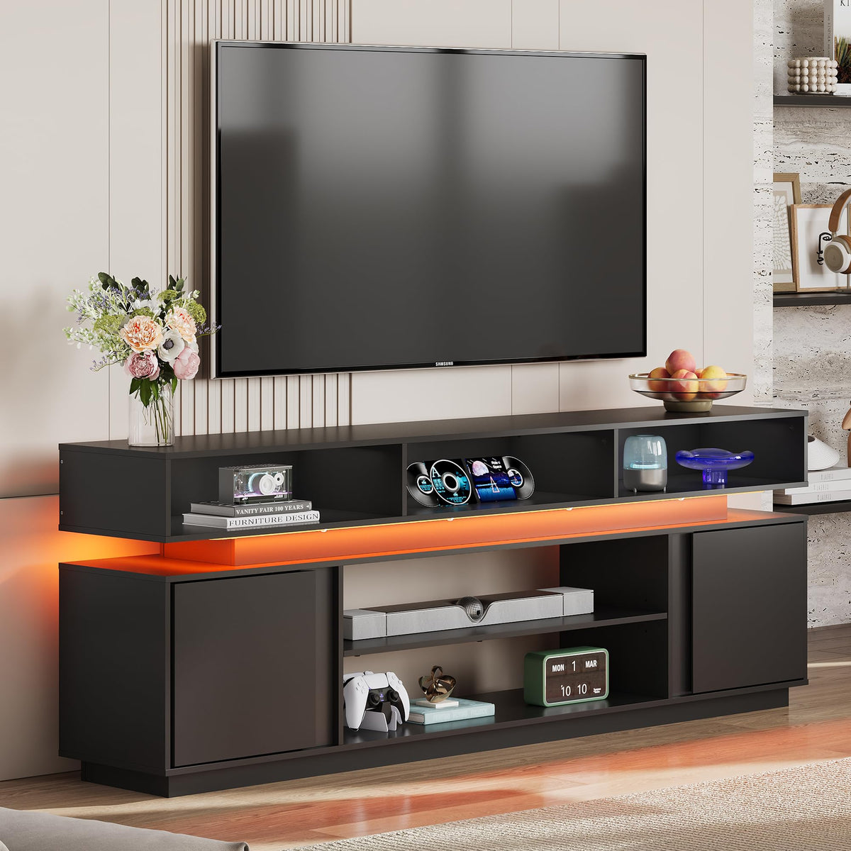 Black 2 Tier TV Stand with RGB LED Lights and Storage Cabinets V4253