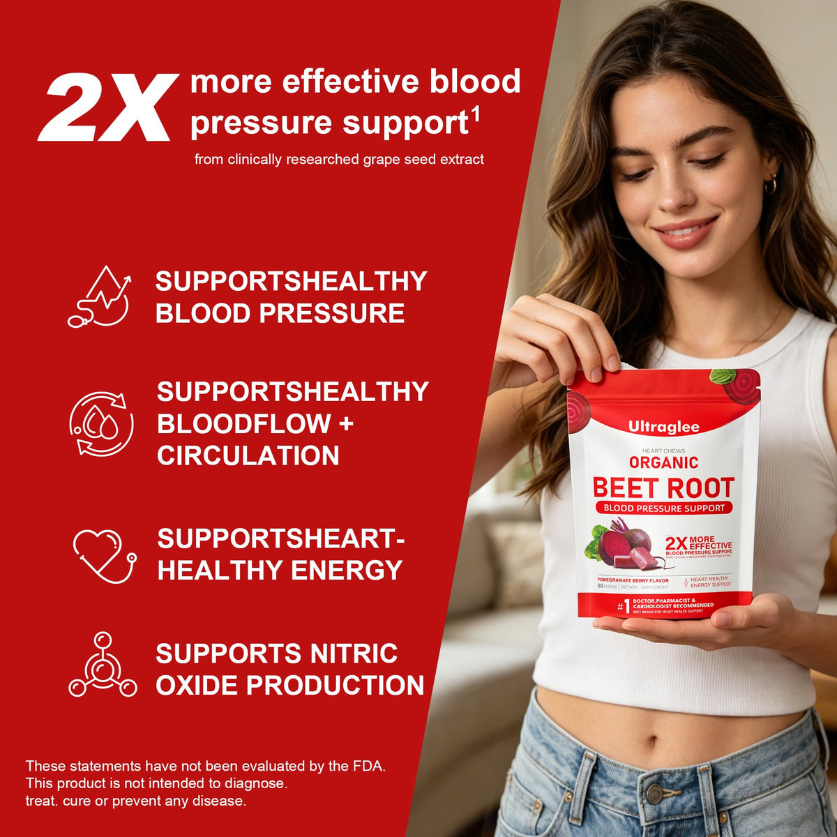 Beet Root Chewable Nitric Oxide Support Soft Chews 60 Pomegranate Berry Flavor D688