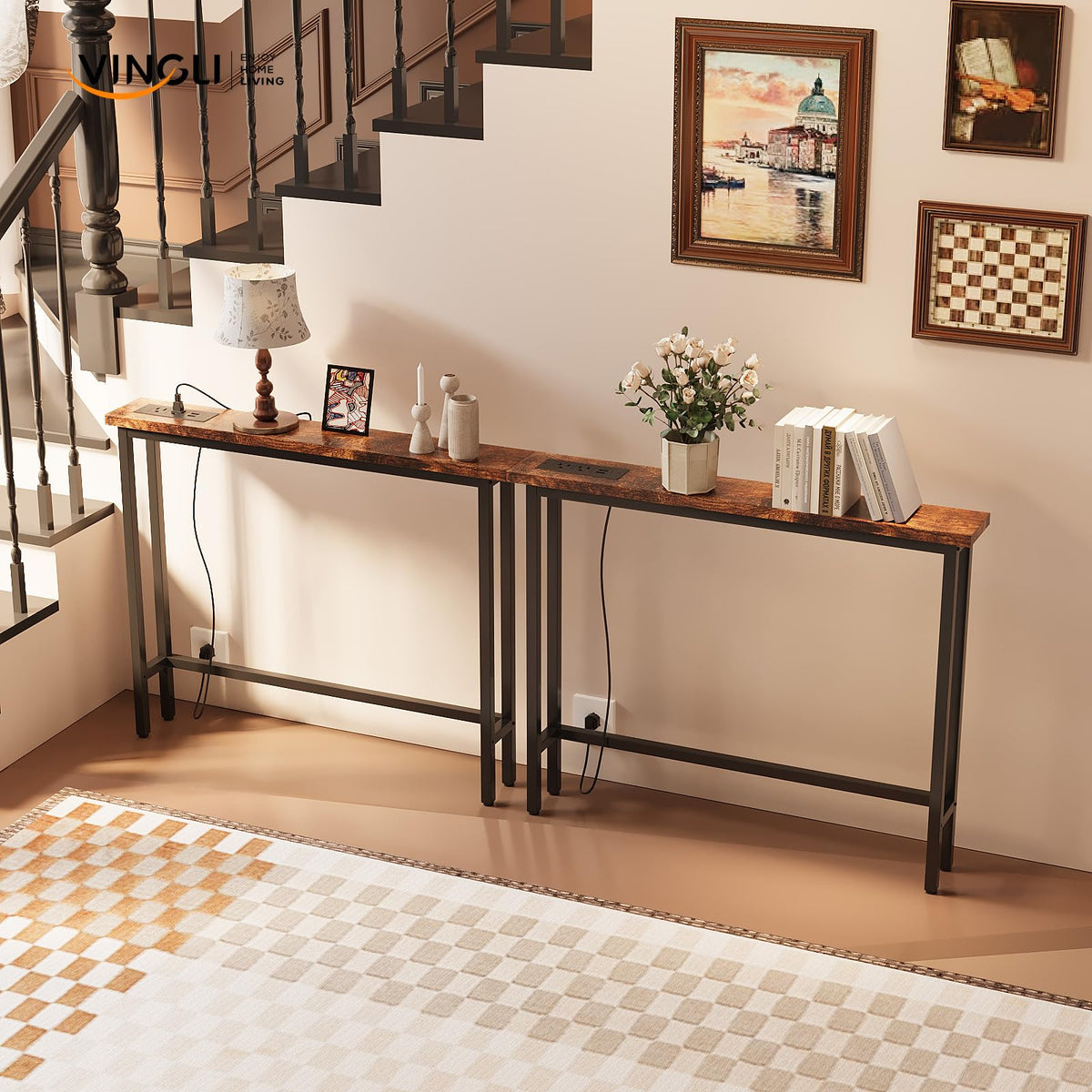 Rustic Brown Narrow Console Table with Power Outlet 2 Pack S577