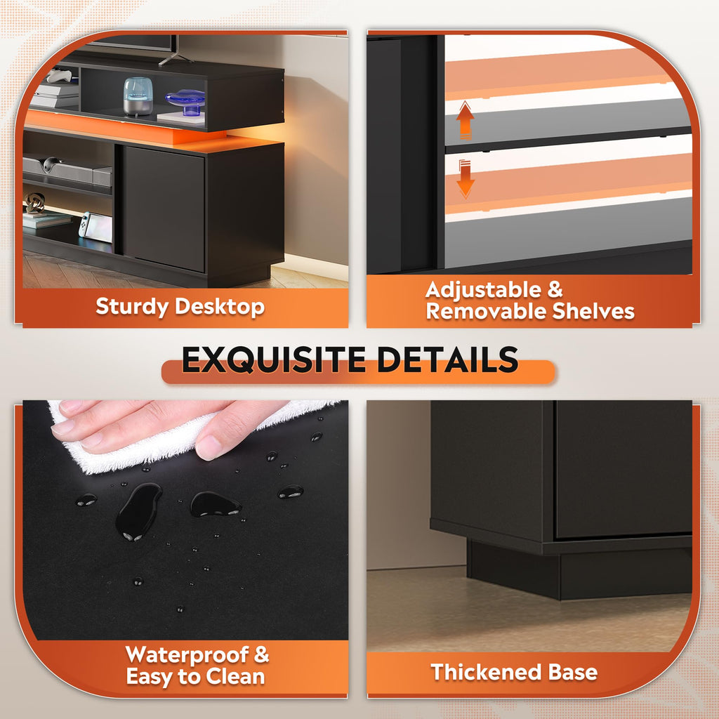 Black 2 Tier TV Stand with RGB LED Lights and Storage Cabinets V4253