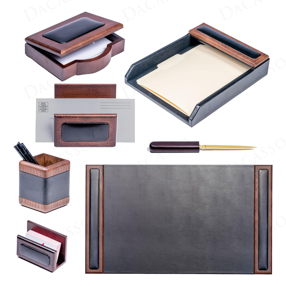 7 Piece Walnut Black Leather Desk Set Y659100