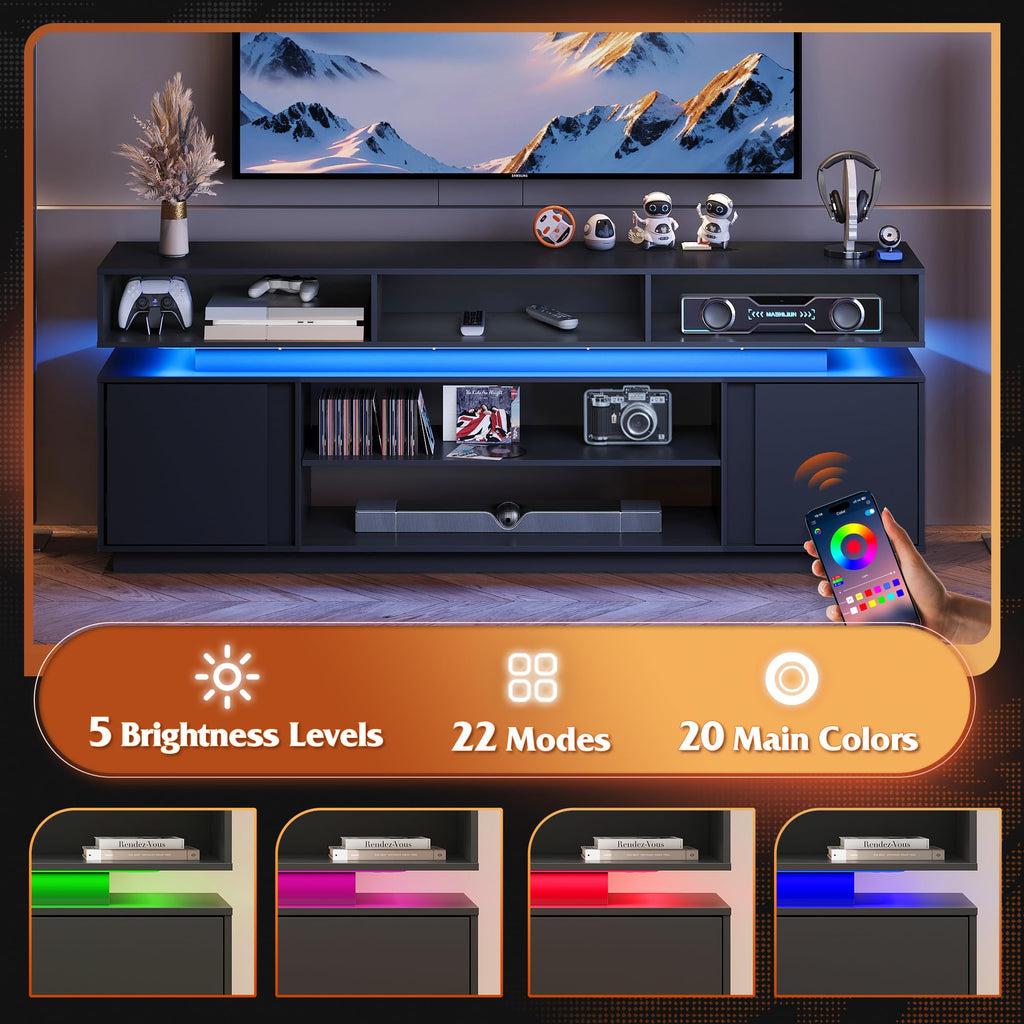 Black 2 Tier TV Stand with RGB LED Lights and Storage Cabinets V4253