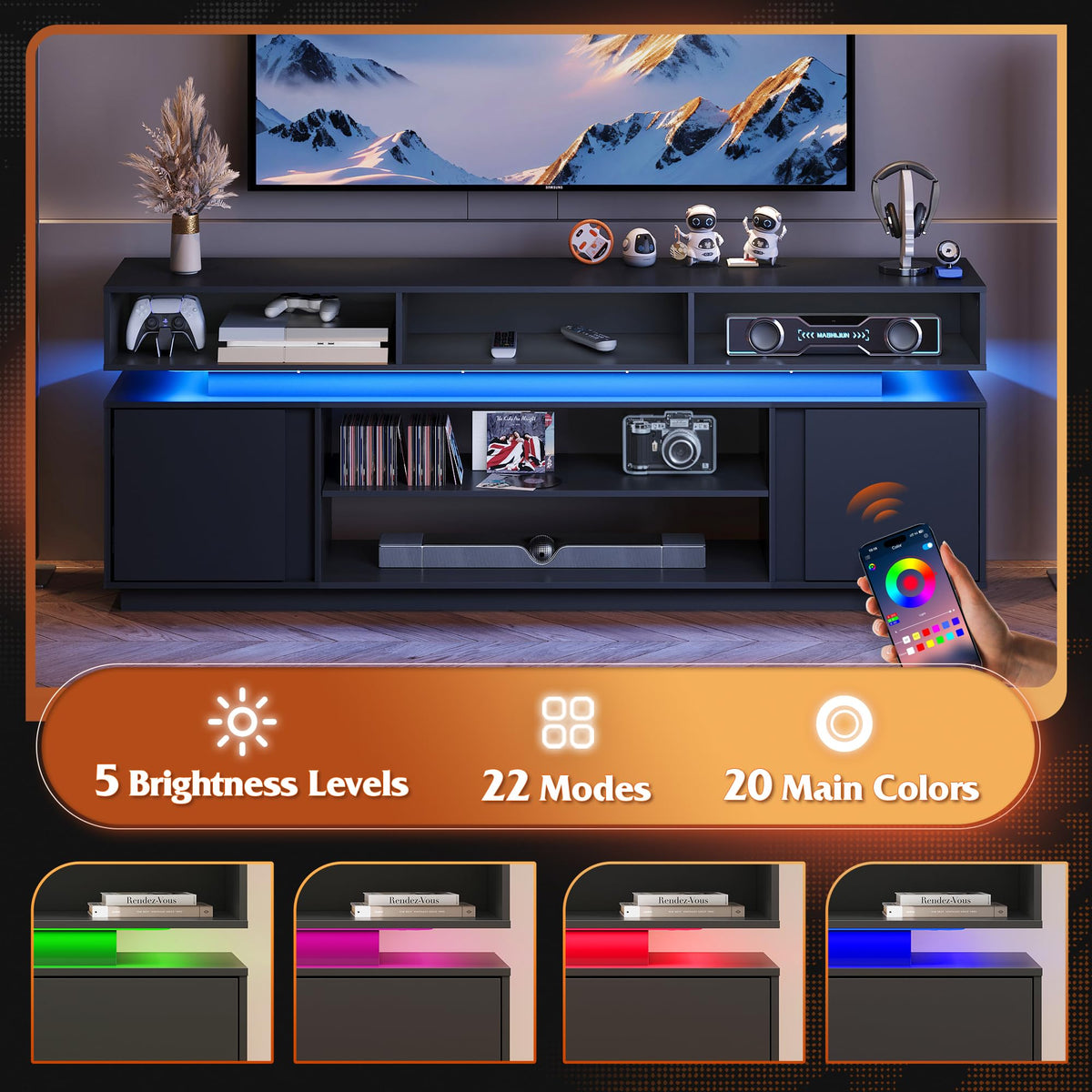 Black 2 Tier TV Stand with RGB LED Lights and Storage Cabinets V4253