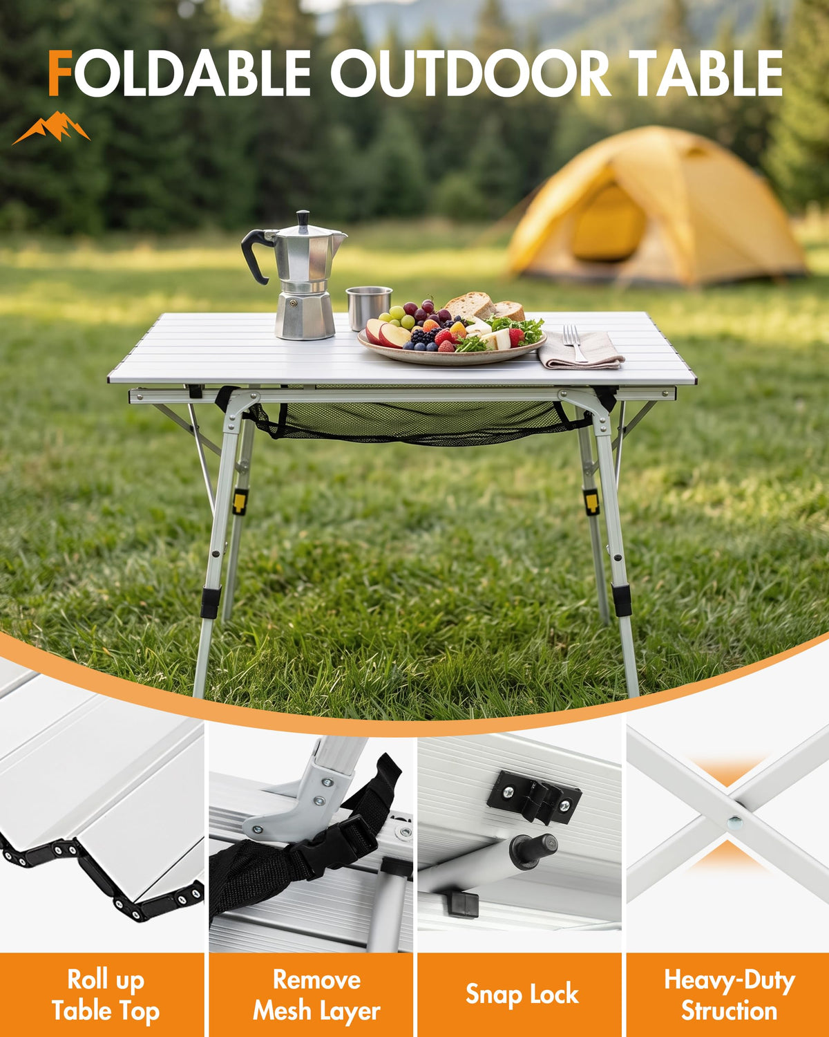 Folding Portable Camping Table with Adjustable Height Aluminum Roll Up Top F13469