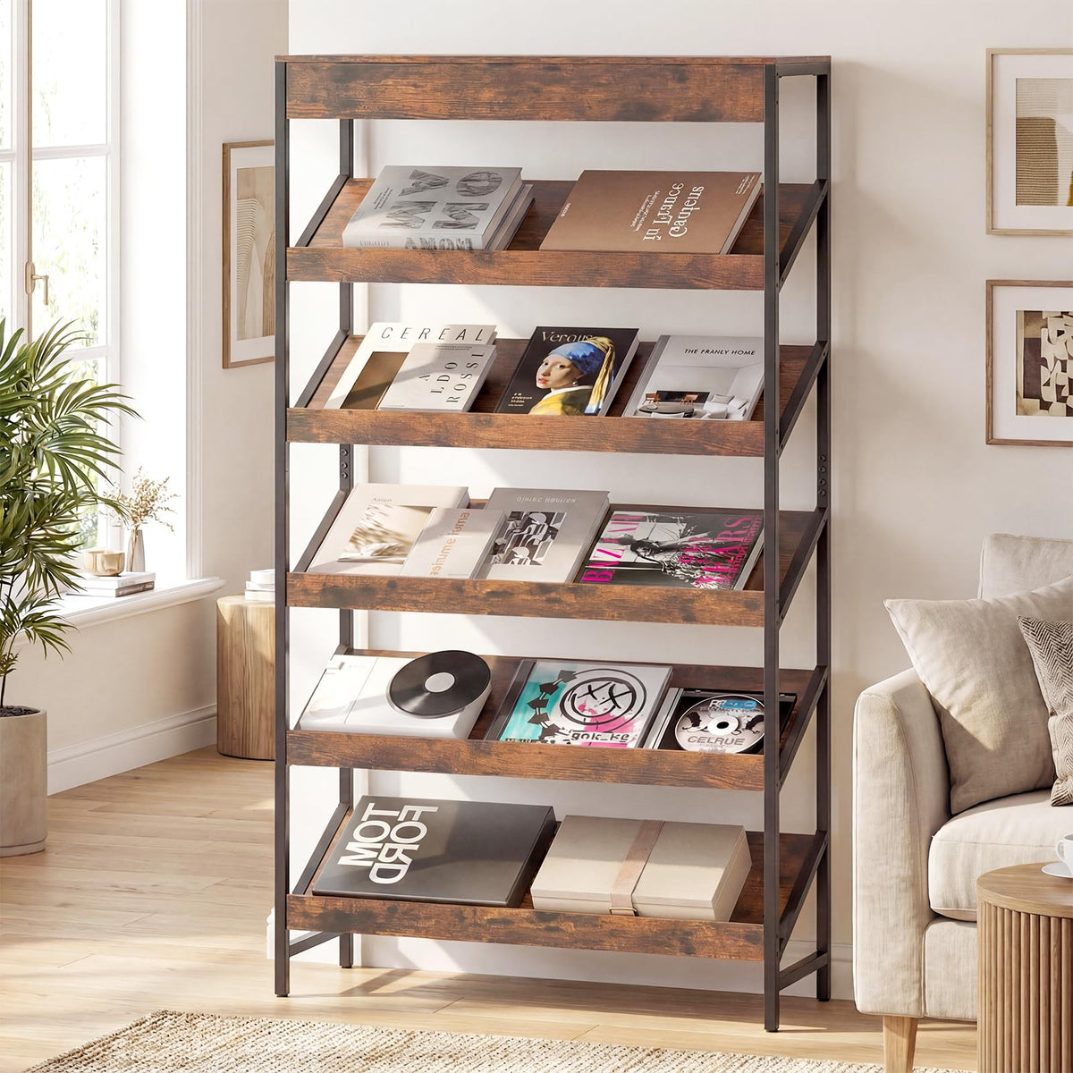 6-Tier Tall Freestanding Bookshelf with Angled Shelves H200